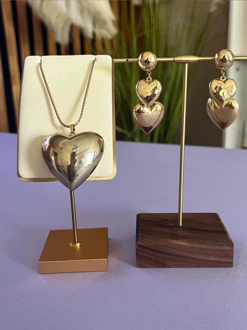 Vintage Park Lane Puffy Heart Necklace + Matching Gold Tone Heart Earrings Set